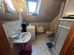 a small bathroom with a sink and a toilet at Ferienwohnung für Handwerker in Kappeln