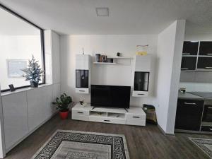 een woonkamer met een flatscreen-tv op een witte kast bij Ninche's Penthouse in Pljevlja