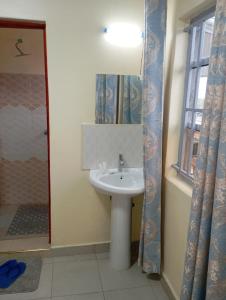 a bathroom with a sink and a mirror and a shower at Longonot View Camp and Accommodation, Naivasha in Naivasha