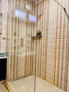 une douche avec une porte en verre dans une salle de bain dans l'établissement l'imperial WIFI & Confort, à Bruxelles