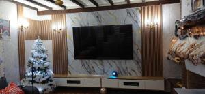 a living room with a christmas tree and a television at Belle CHAMBRE in Seraing