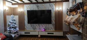 a living room with a christmas tree and a television at Belle CHAMBRE in Seraing