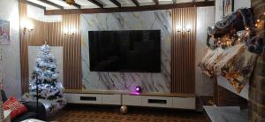 a living room with a christmas tree and a television at Belle CHAMBRE in Seraing