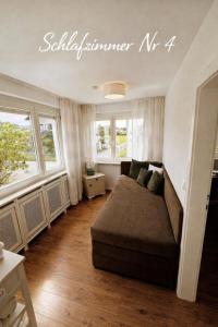 een woonkamer met een bank en een aantal ramen bij Haus am Bodensee in Fußach