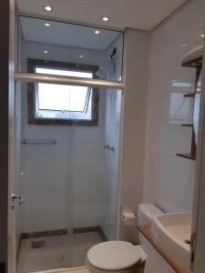 a bathroom with a shower and a toilet and a window at Kitnet acolhedora in Caxias do Sul +3 photos