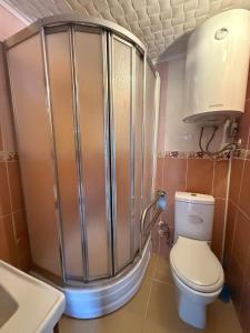 a bathroom with a shower with a toilet and a sink at Isgobya Sumela Monastery 104 in Macka +19 photos