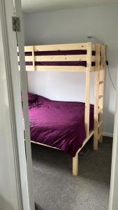 a bunk bed in a room with a purple bed at Seafields Chalet in Walcott