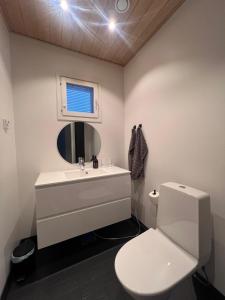 een badkamer met een wit toilet en een wastafel bij Villa Blacksmith in Rovaniemi +19 foto's