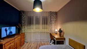 een slaapkamer met een bed, een tv en een raam bij Apartament Granatowy Chill in Łódź +2 foto's