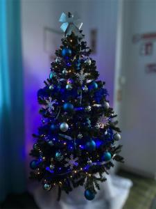 un sapin de Noël décoré de bleu et d'argent dans l'établissement Hotel Valente, à Ortona