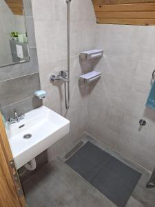 a bathroom with a sink and a shower at Planinska Kućica in Mostar