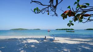 a sandy beach with two boats in the water at Three Monkeys Chaweng Beach in Chaweng