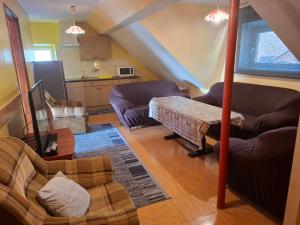 a living room with two couches and a table at Atticapartament in Kluszkowce