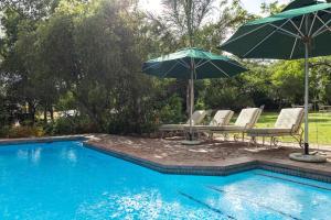 a swimming pool with chairs and umbrellas next to a pool at Five Mountains Guest Farm & Spa in Wellington