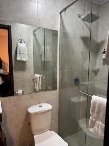 une salle de bains avec toilettes et douche en verre dans l'établissement Hacienda El Castillo Hotel Boutique, à Pasto 79 autres photos