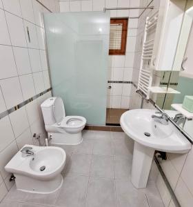 een witte badkamer met een toilet en een wastafel bij Eden Guesthouse Peja in Peje