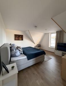 een slaapkamer met een bed met blauwe lakens en een televisie bij Landhaus Kröslin in Kröslin