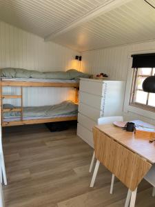 オルダーにあるHYGGE Strand Campingのデスク、二段ベッドが備わる小さな客室です。