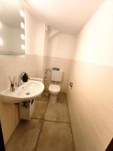 ein weißes Badezimmer mit Toilette und Waschbecken in der Unterkunft Ferienwohnung Watzmann Nesterl in Berchtesgaden