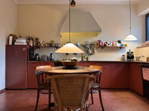 a kitchen with a table with chairs and a lamp at Casa d'epoca con giardino 5 min da Locarno in Minusio