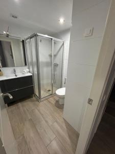 een badkamer met een douche, een toilet en een wastafel bij Apartamentos Turisticos Ilusiones 2 in Cazalla de la Sierra