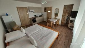 a bedroom with a large bed and a kitchen at Dom Colonia in Żarnowska