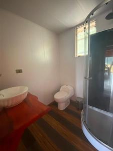 une salle de bains avec toilettes et douche en verre dans l'établissement Cabañas Vega del Molino, à Linares