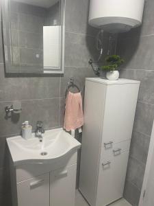 ein Badezimmer mit einem Waschbecken und einem weißen Kühlschrank in der Unterkunft Apartman Mirjana in Sarajevo