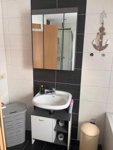 ein Badezimmer mit Waschbecken und Spiegel in der Unterkunft Ferienwohnung Unger in Großhartmannsdorf