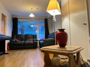 a living room with a table with a lamp and a couch at Zen suite in Oadby