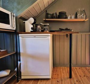 a kitchen with a white refrigerator and a microwave at Trines Hjerterom in Steinkjer