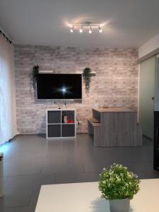 a living room with a large tv on a brick wall at Familien- & haustierfreundliche Ferienwohnung mit Garten nahe Ostsee in Schashagen