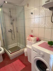 ein Badezimmer mit Dusche und Waschmaschine in der Unterkunft Apartment House Aria in Baška Voda + 35 Fotos