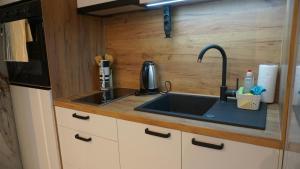 a kitchen with a sink and a microwave at Apartmani Flocke Vlašić in Šišava