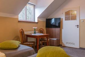 een slaapkamer met een tafel en een televisie in een kamer bij Boży Dar in Krynica Zdrój +68 foto's