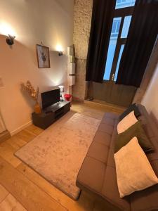 een woonkamer met een bank en een televisie bij NEW - Croix Roussienne at night in Lyon +5 foto's