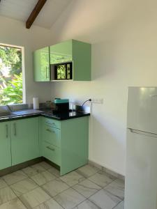 a kitchen with green cabinets and a white refrigerator at BRADA gites in Deshaies