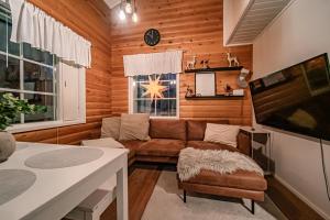een woonkamer met een bank en een tv bij Lomavuokra Kätkäläinen, Levi Central in Levi +18 foto's