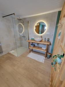 ein Badezimmer mit Dusche, Waschbecken und Spiegel in der Unterkunft Le gite du seigle in Montferrat + 21 Fotos