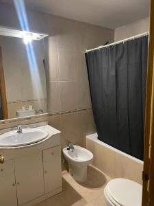 un bagno con lavandino, WC e specchio di Ávila Kat ad Ávila