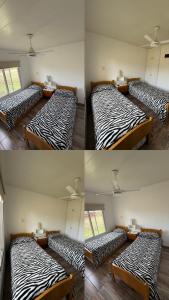 three pictures of two beds in a room at Complejo Aires del Cielo in San José