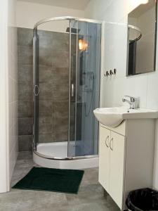 une salle de bain avec douche et lavabo dans l'établissement Willa Cieszynianka, à Wisła