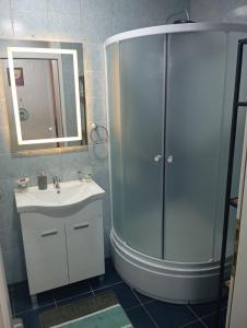 a bathroom with a shower and a sink and a mirror at Apartman Zlaja Vlašić in Vlasic
