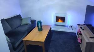 ein Wohnzimmer mit Sofa und Kamin in der Unterkunft Cosy Retreat Suites in Hamilton