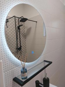 a bathroom with a mirror and a vase on a sink at Három Testvér Apartman in Siófok +89 photos
