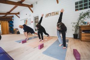een groep mensen die yoga doen in een kamer bij Le Nid Cabailla in Coimères