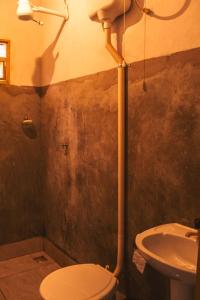 een badkamer met toilet en wastafel bij Chalé Azul Aurora in Manhã