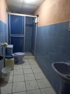 a blue bathroom with a toilet and a sink at Awesome Mountains Views in Nueva California +5 photos