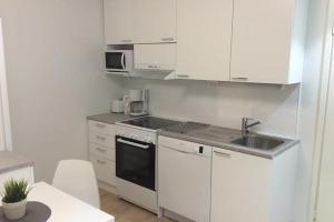 a white kitchen with a sink and a stove at Studio Willamo in Rovaniemi