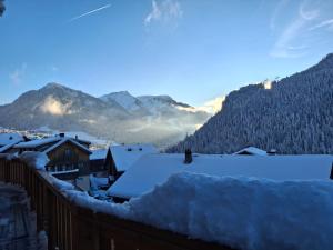 a city covered in snow with mountains in the background at Chalet la Fiolaz in Châtel